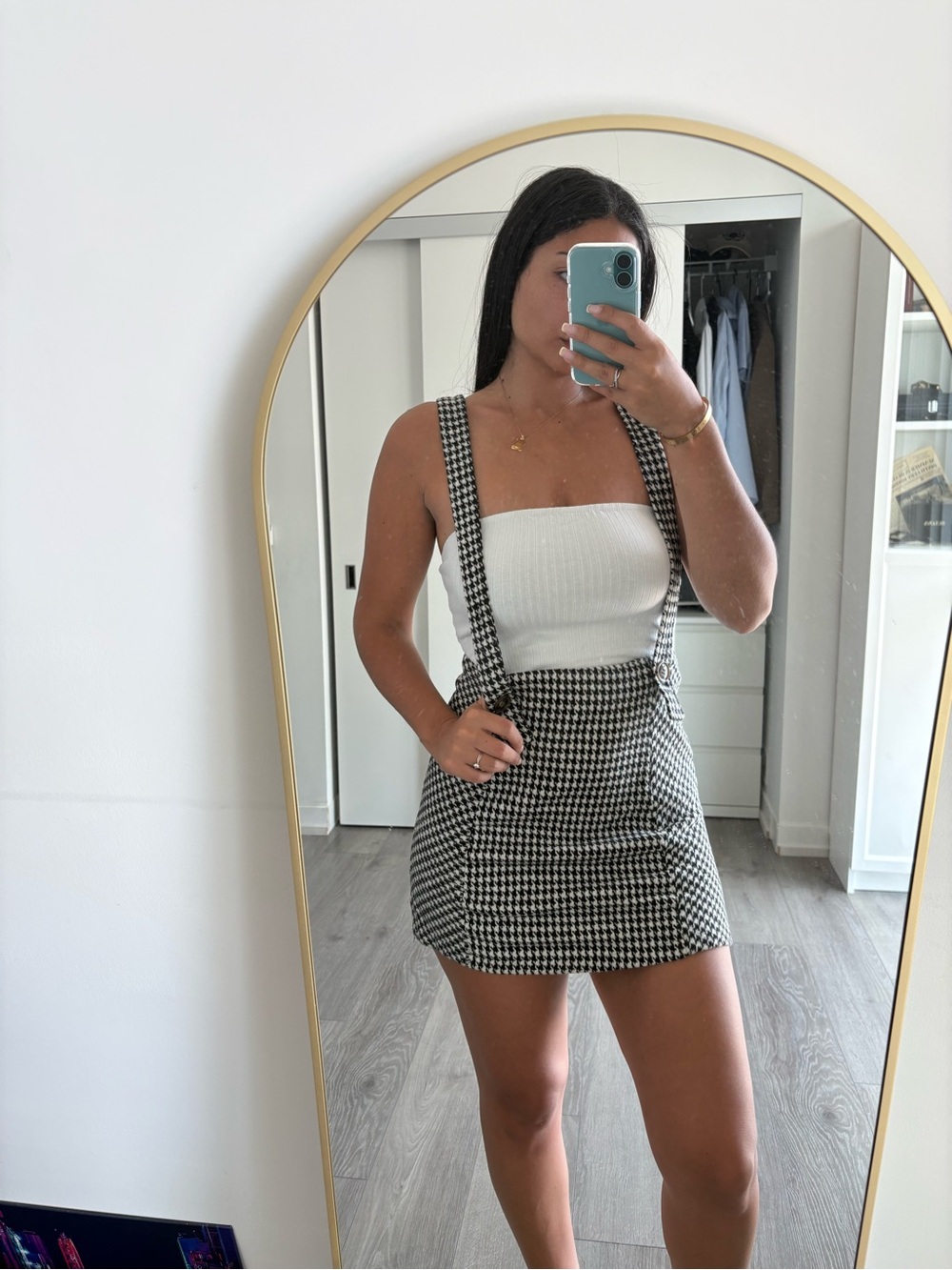 Houndstooth Suspender Mini Skirt in Black and White